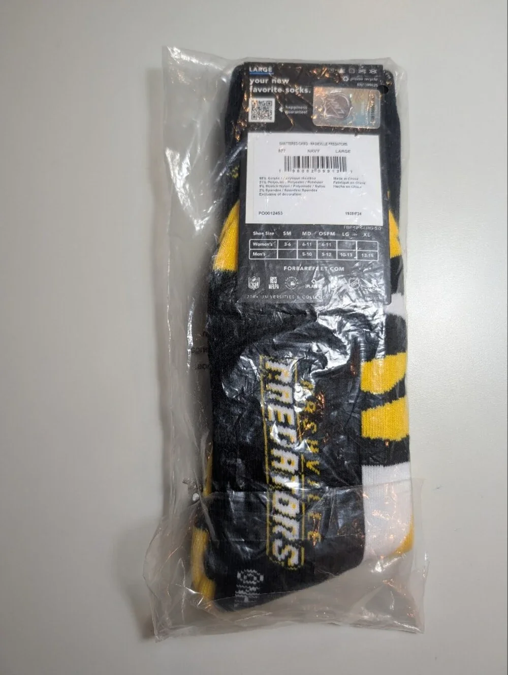 For Bare Feet Black/Yellow/White Hockey Team Crew Socks Nashville Predators NWT